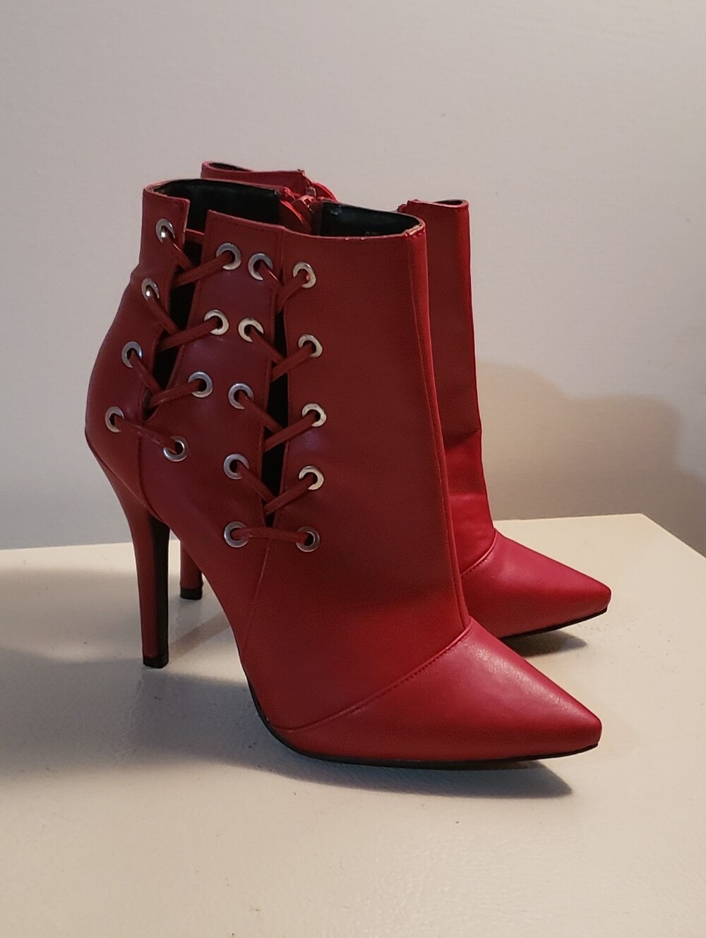 Red Lace-Up Pointed Stiletto Ankle Boots for Women
